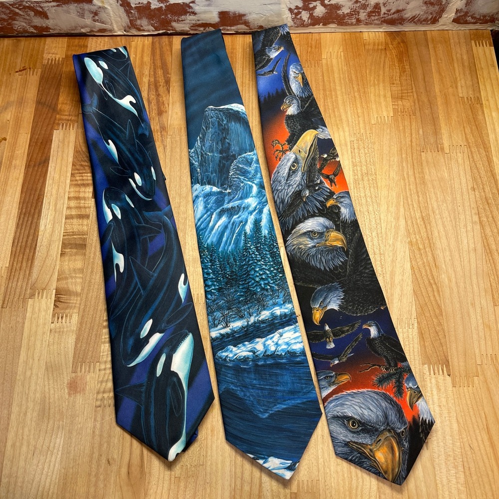 Vintage 1994 Dem Crazy Nature Tie Lot Orca Eagle Yosemite Half Dome 3pc‎ Set USA